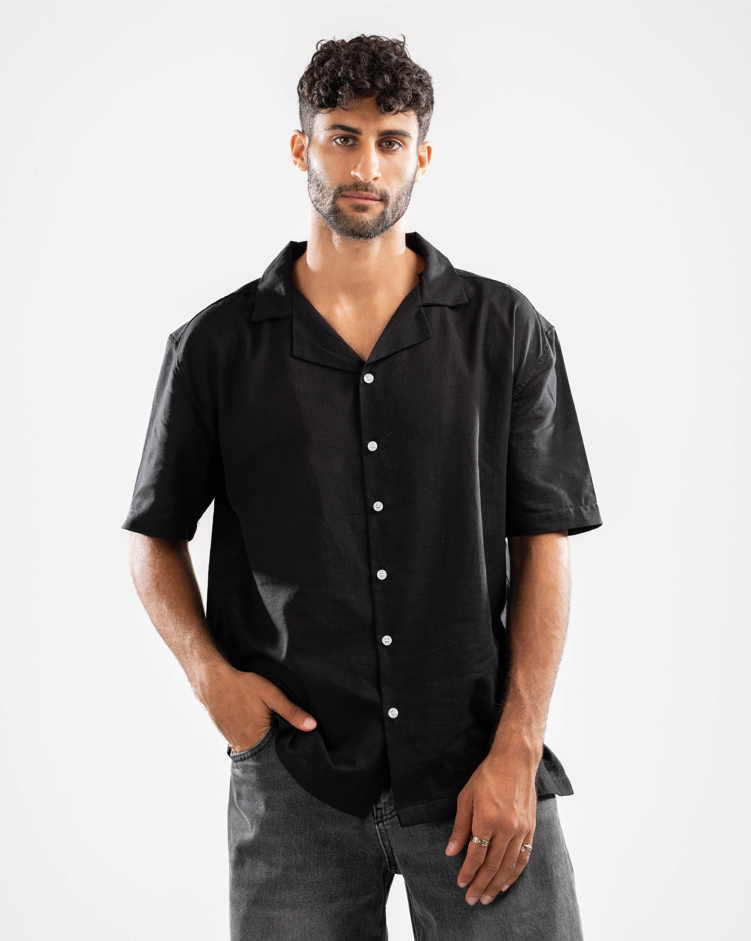 Half Sleeve Linen Blend Black Shirt