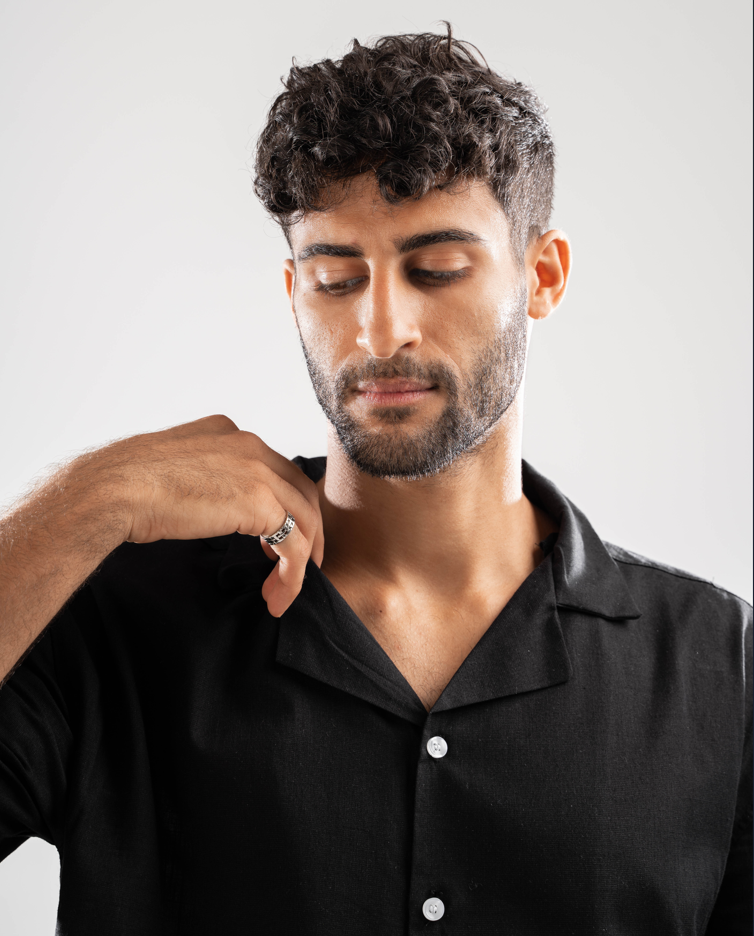 Half Sleeve Linen Blend Black Shirt