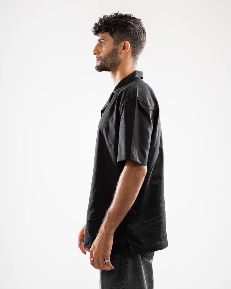 Half Sleeve Linen Blend Black Shirt