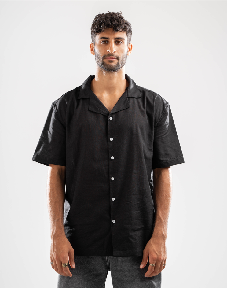 Half Sleeve Linen Blend Black Shirt