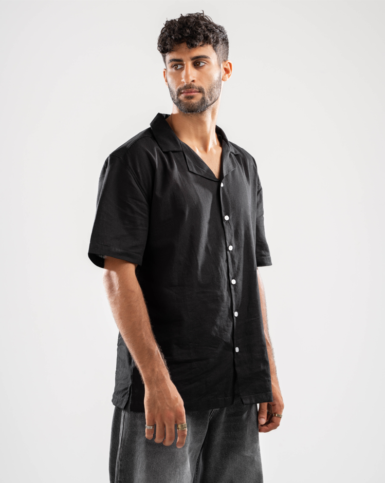 Half Sleeve Linen Blend Black Shirt