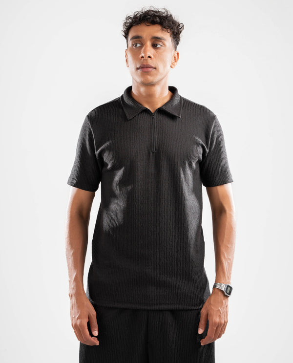 Black Ribbed Quarter-Zip T-Shirt