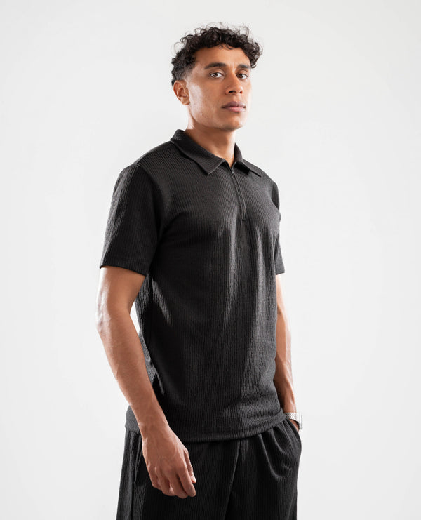 Black Ribbed Quarter-Zip T-Shirt